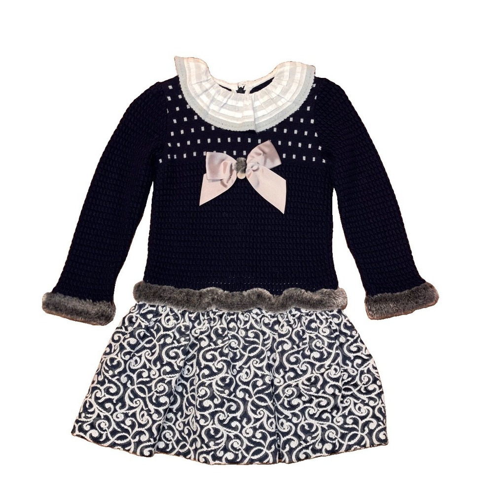 Foque Girls Dress Size 8 Wool Blend Faux Fur Mixed Media Spain Navy Blue Dressy